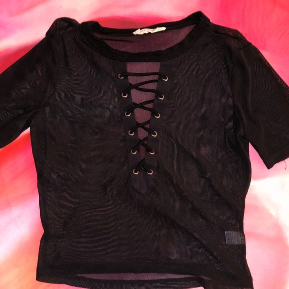 Black Lace-Up Mesh Crop Top - Picture 1 of 3